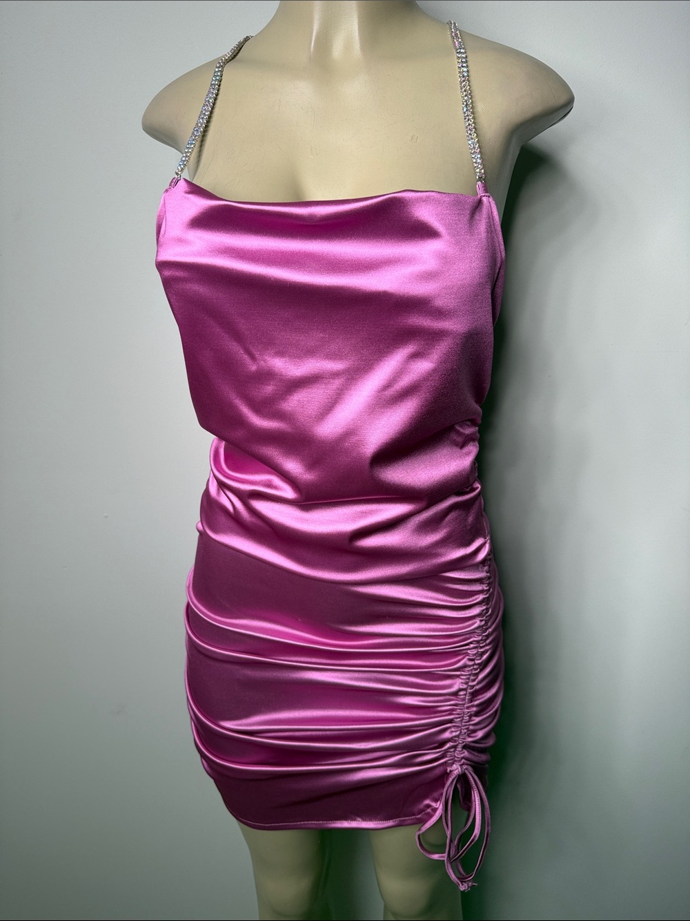 Satin Ruched Mini Dress with Rhinestone Straps - Pink/purple